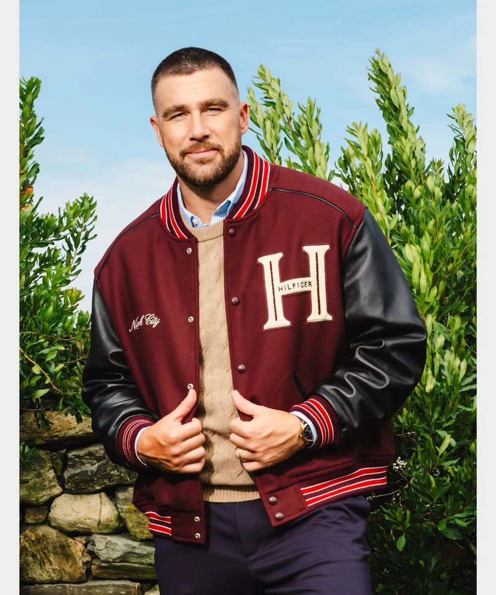Travis Kelce Tommy Hilfiger Mixed-Media Varsity Jacket Maroon & Black