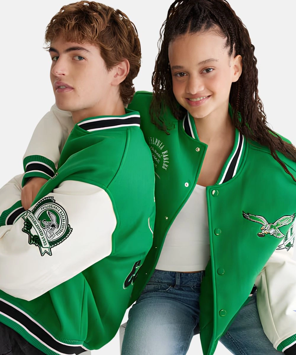 Unisex Aeropostale Philadelphia Eagles Green & White Bomber Jacket