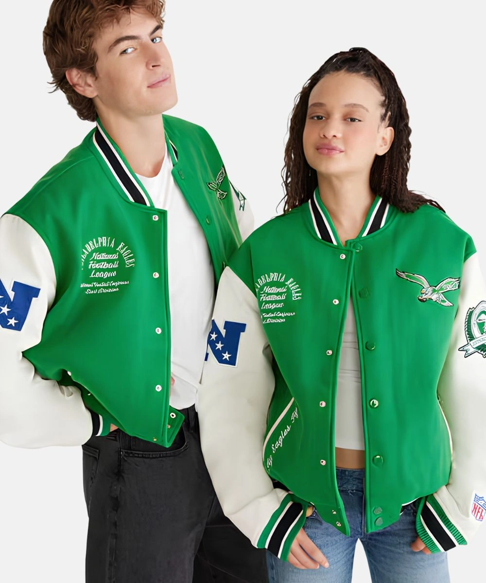 Unisex Aeropostale Philadelphia Eagles Green & White Bomber Varsity Jacket